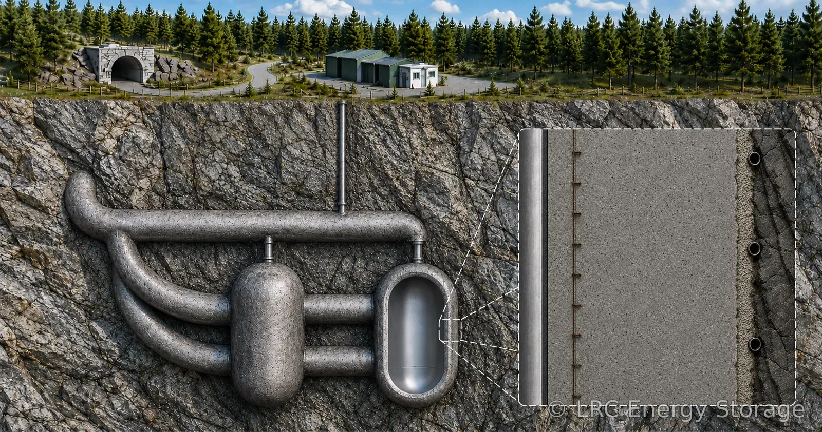 Illustration of a lined rock cavern facility: surface buildings and access tunnel above, caverns connected by pipes underground, and a detail view of the lining layers